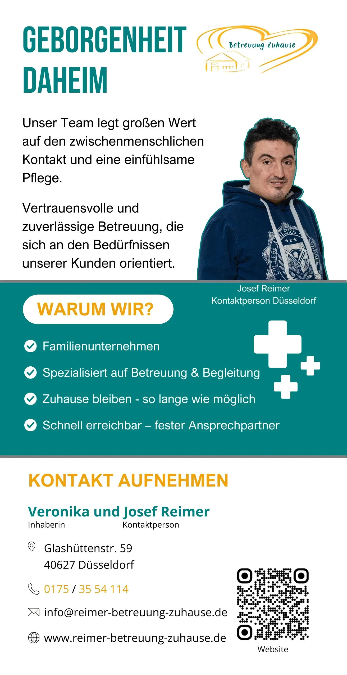 Ein Flyer für die häusliche Pflege „Geborgenheit Daheim“ mit Abbildung einer Person, Kontaktdaten, einem QR-Code und einer Liste der Pflegedienstleistungen.