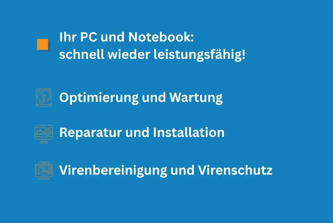 Blauer Flyer mit einer Auflistung von IT-Dienstleistungen: Optimierung, Wartung, Reparatur, Installation und Virenschutz für Computer.