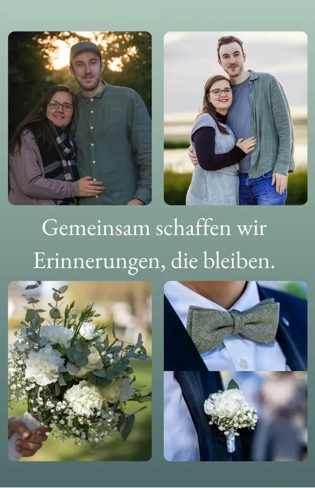 Umarmung des Paares, Brautstrauß und Bräutigamsanzug. Text: „Gemeinsam schaffen wir Erinnerungen, die ewig halten.“ Grüner Hintergrund.