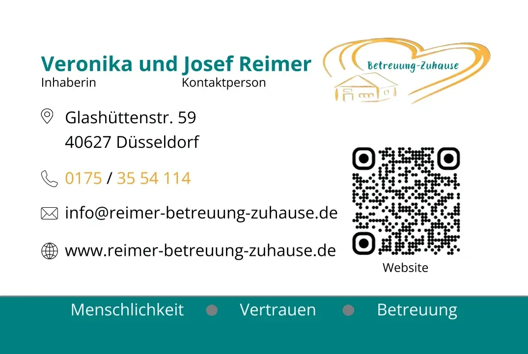 Visitenkarte für Reimer Betreuung-Zuhause mit Kontaktdaten, Adresse, Website und QR-Code auf weißem Hintergrund.