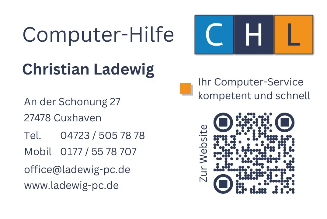 Visitenkarte für Computer-Hilfe Ladewig, Computerservice, mit Kontaktdaten, Logo und QR-Code zur Website.
