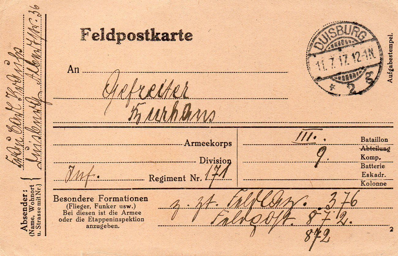 Feldpostkarte 1917 Duisburg Poststempel