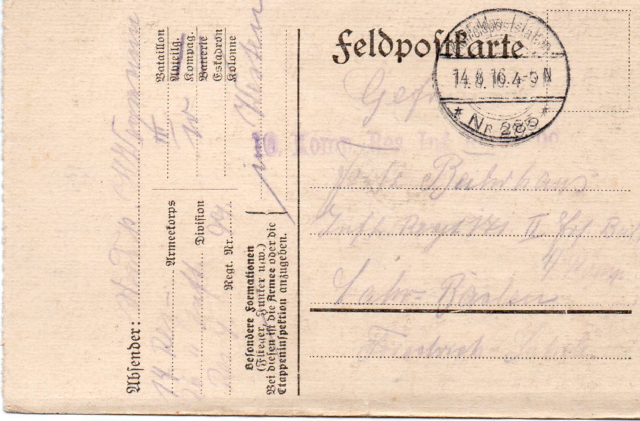 Feldpostkarte 1916  Weltkrieg Poststempel