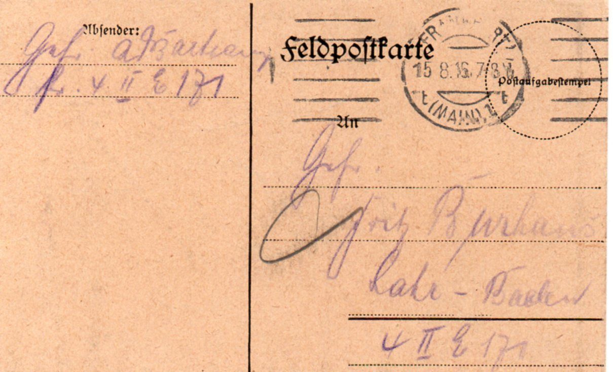 Feldpostkarte 1916 Verschickt