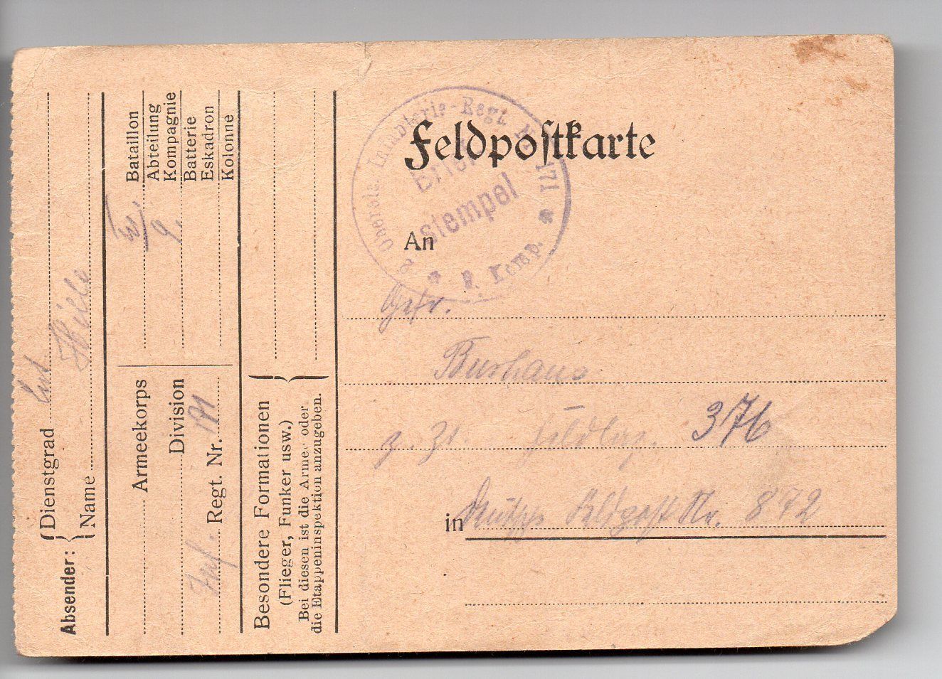 Feldpostkarte von 1916 Stempel und Siegel