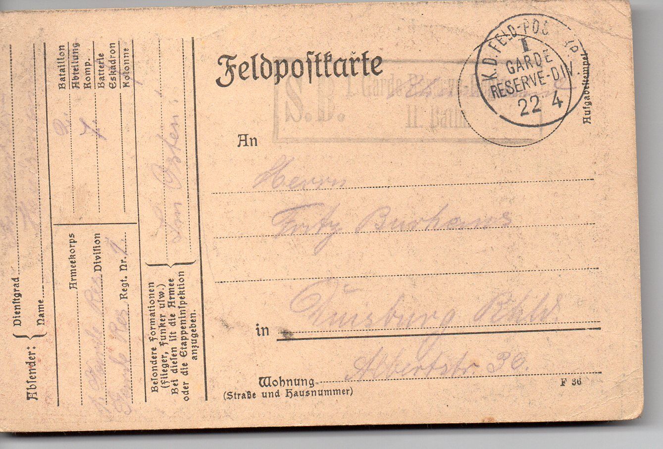 Feldpostkarte Reserve Garde 1915 - 22 4