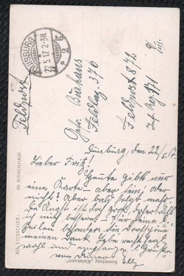 Bild Postkarte Römische Liebe  22.5.1917 Rückseite