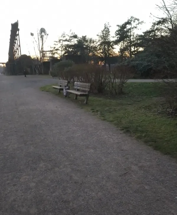 Sitzbank neben einem Weg im Landschaftspark