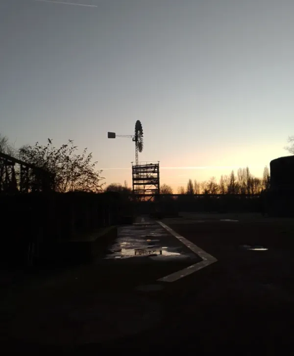  Weg mit Pfützen im Landschaftspark bei Abendlicht