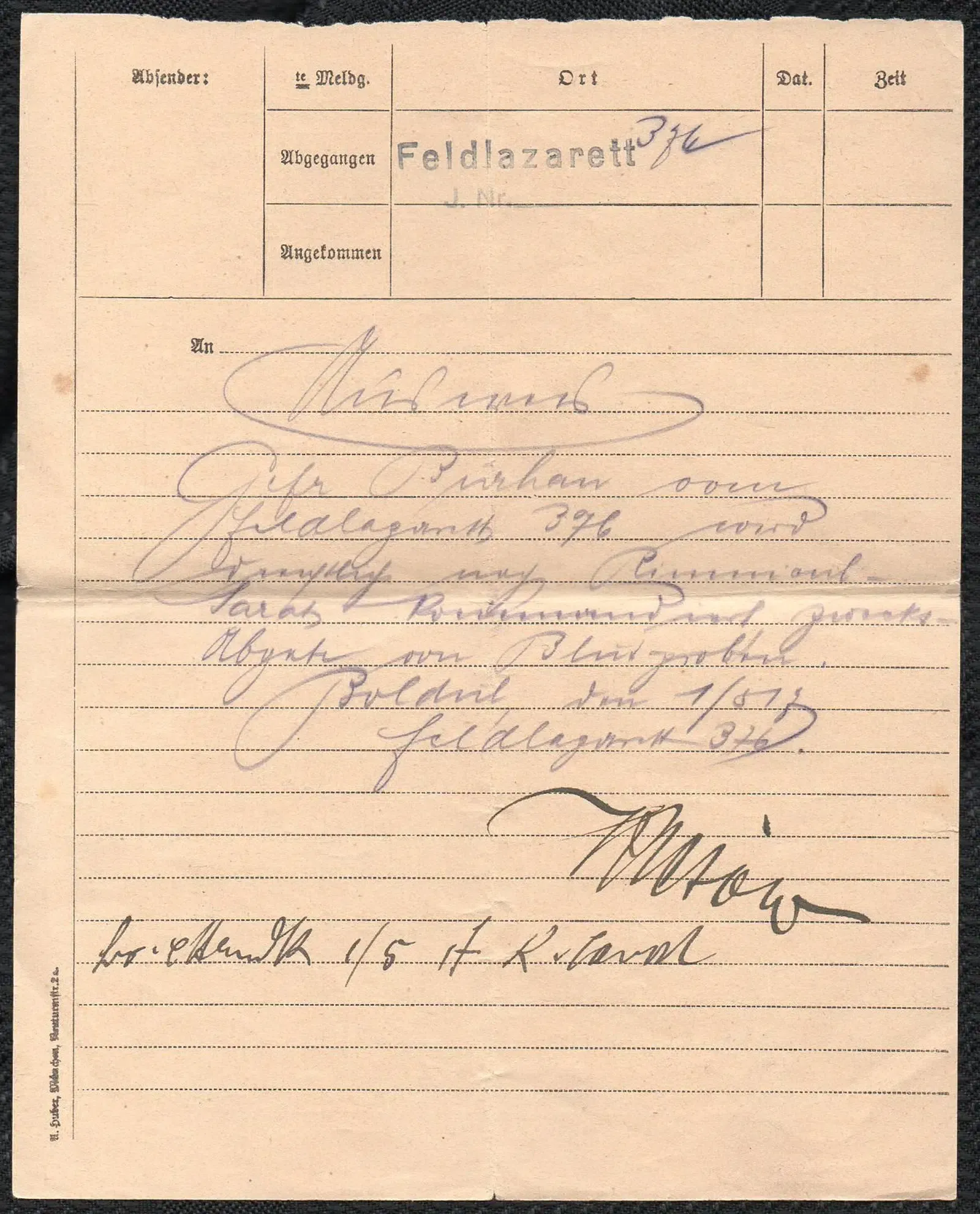 Feldlazarett Bericht 1 Weltkrieg Vorderseite