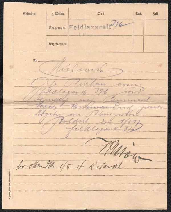 Feldlazarett-Bericht aus dem Ersten Weltkrieg Rückseite handschriftlich ausgefüllt