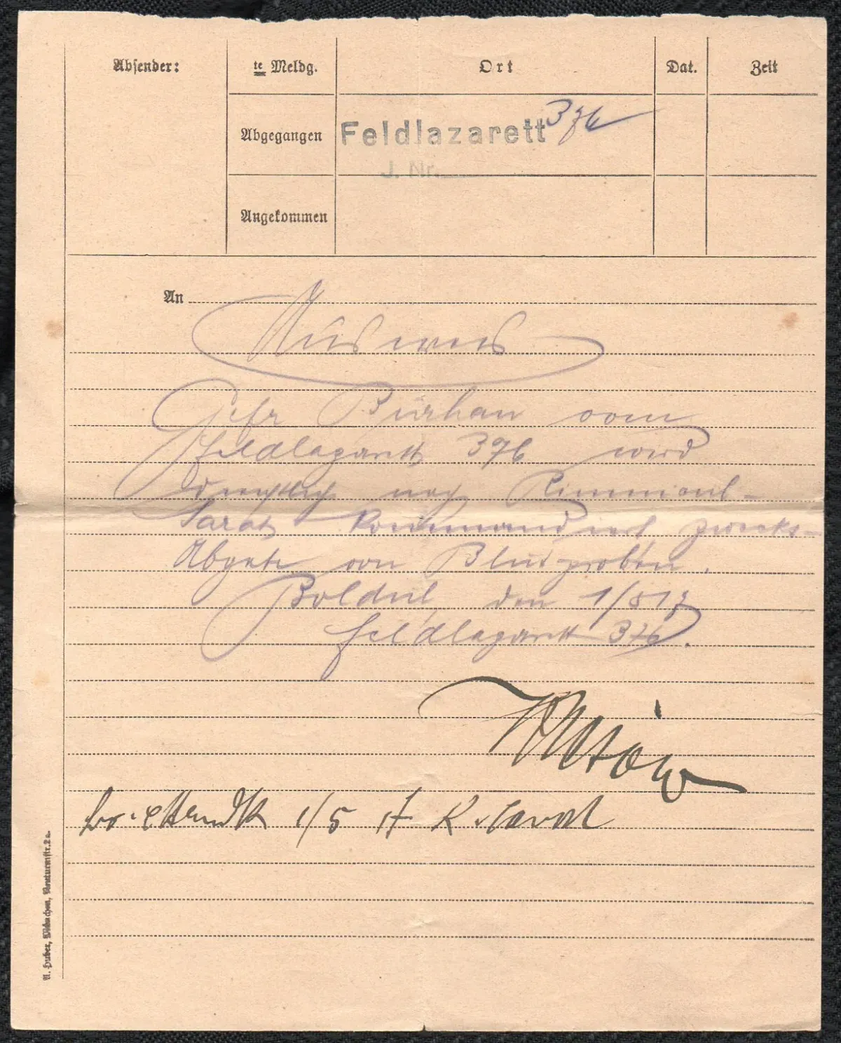 Feldlazarett-Bericht aus dem Ersten Weltkrieg Rückseite handschriftlich ausgefüllt