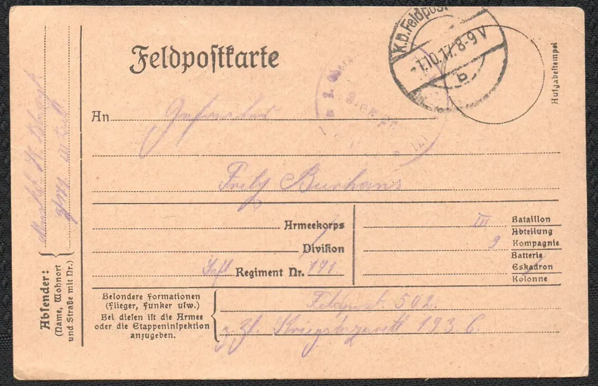 Feldpostkarte von 1917 mit Aufdruck „K. D. Feldpost“ und deutlich erkennbarem Postsiegel