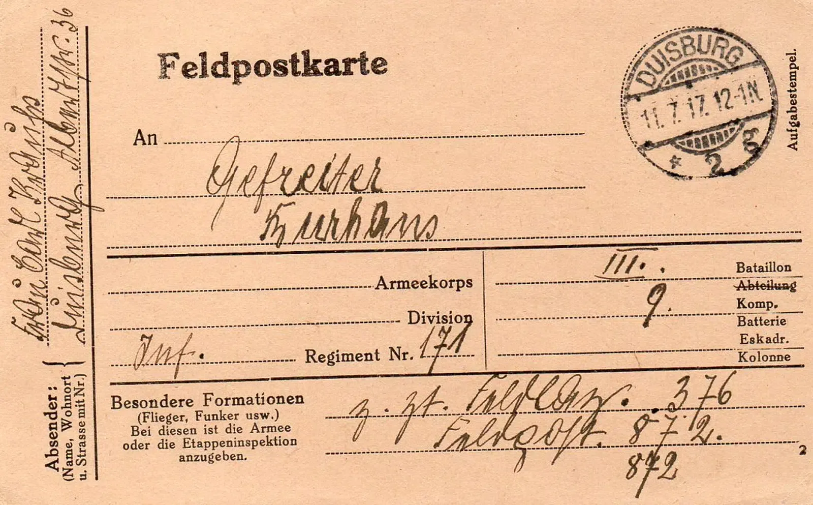 Feldpostkarte 11.7.1917 Vorderseite