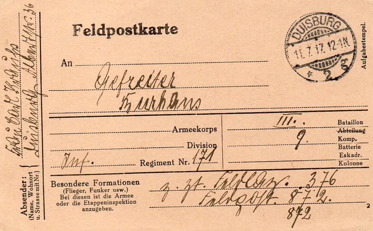 Feldpostkarte von 1917 aus Duisburg mit gut lesbarer Handschrift in gepflegtem Zustand