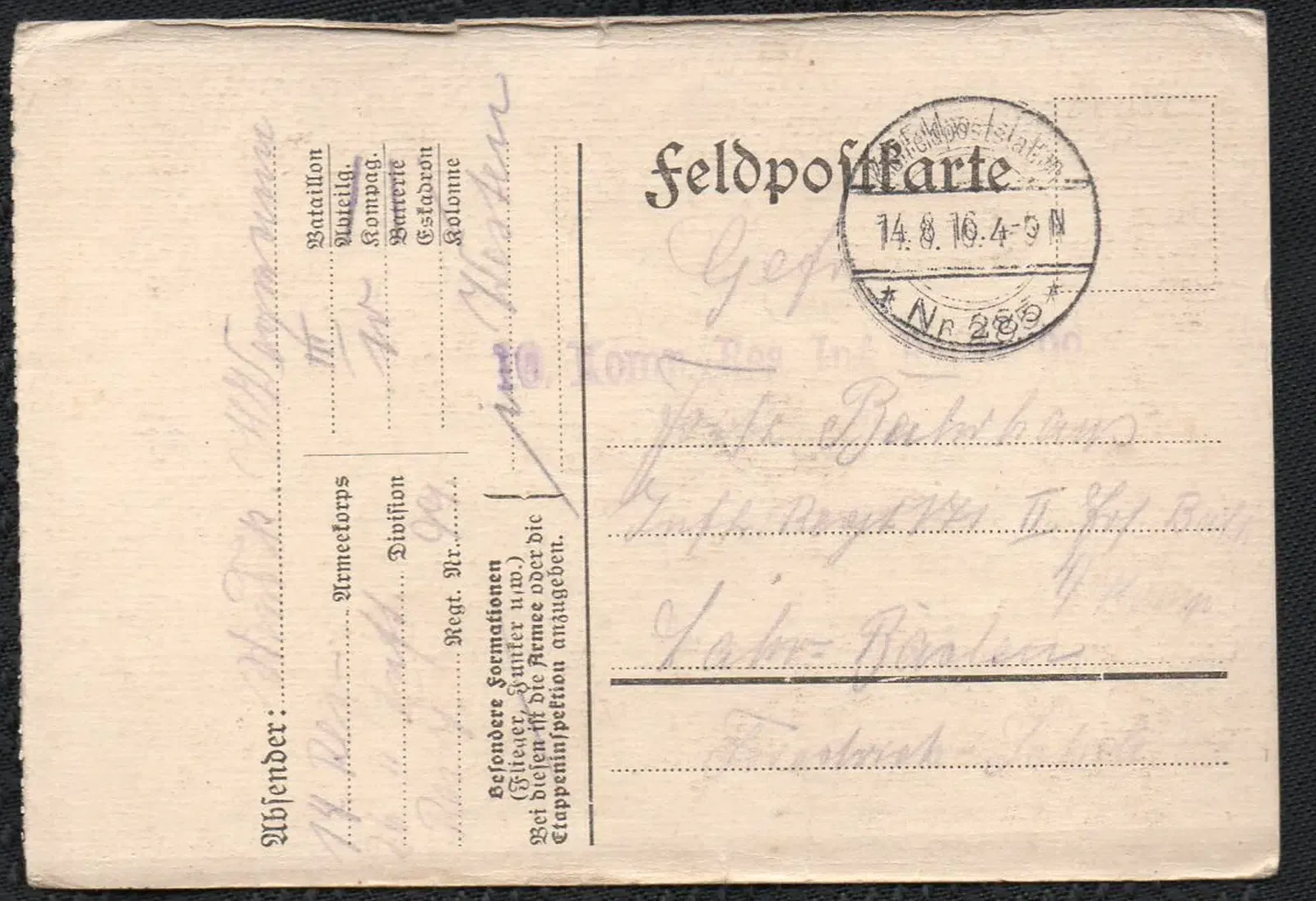 Feldpostkarte 14.8.1914 Vorderseite