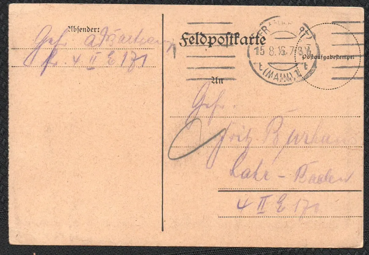 Feldpostkarte von 1916 mit deutlich erkennbarem Postsiegel