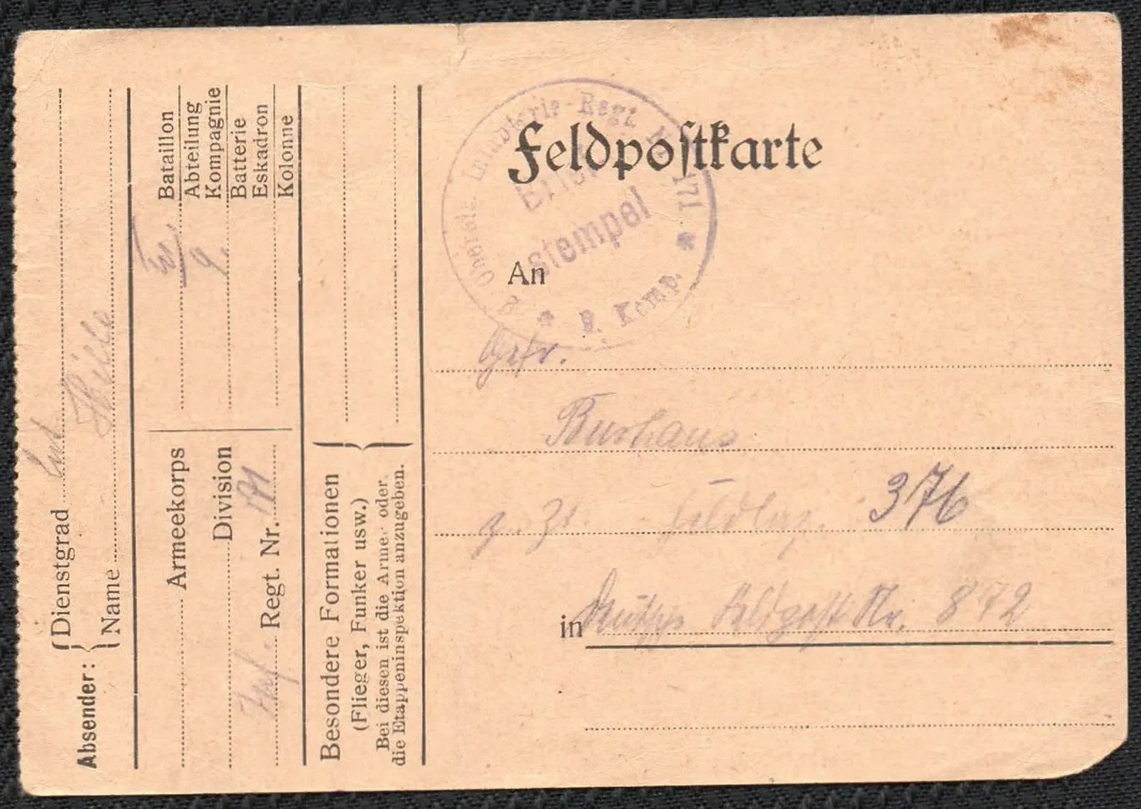 Feldpostkarte 1915 Vorderseite