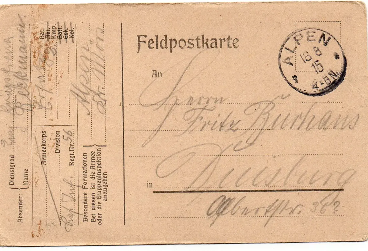 Feldpostkarte von 1915 mit Postsiegel aus Alpen