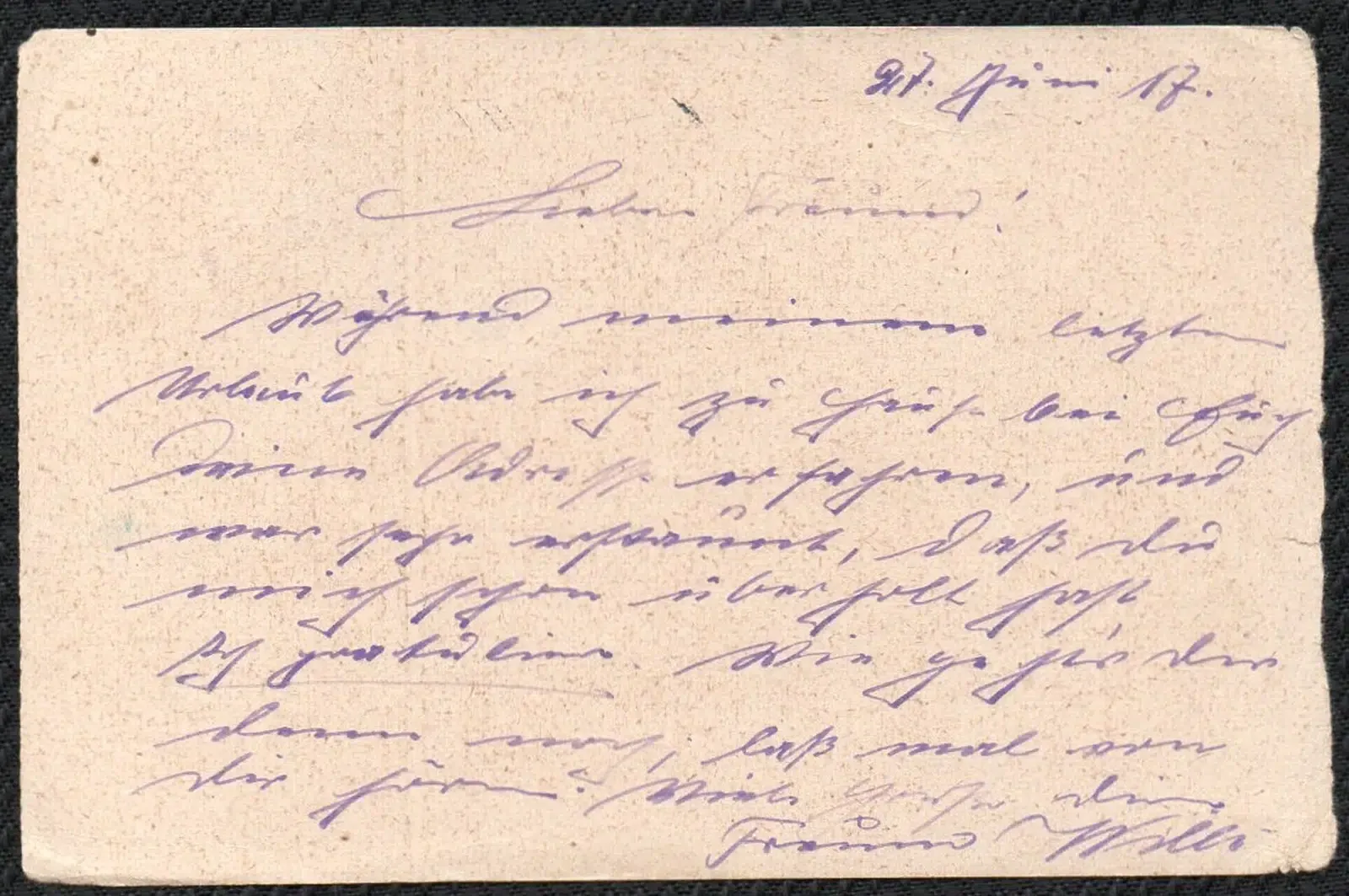 Feldpostkarte K.D. Feldpost 29.6.1917 Rückseite