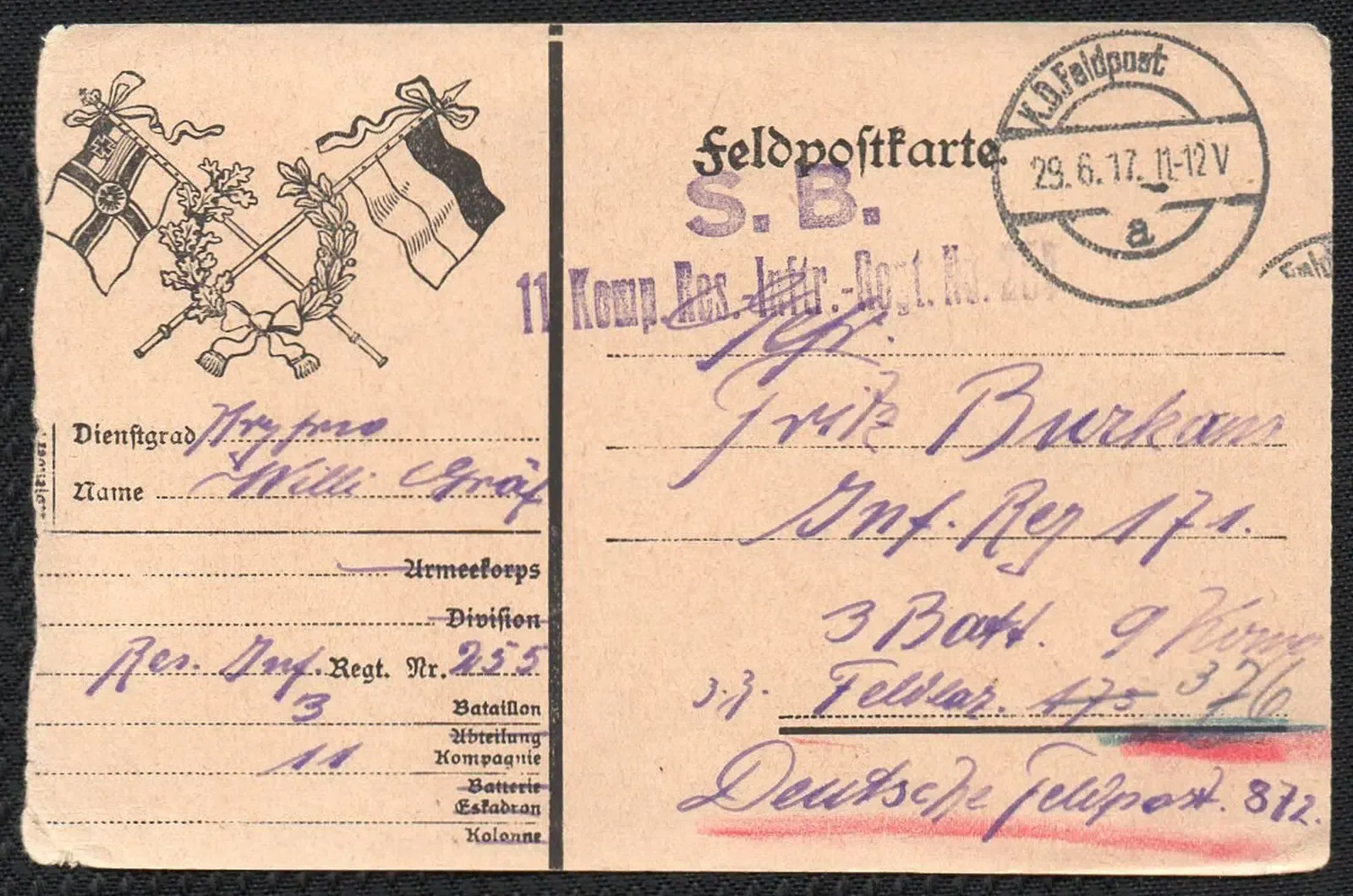 Feldpostkarte K.D. Feldpost 29.6.1917 Vorderseite