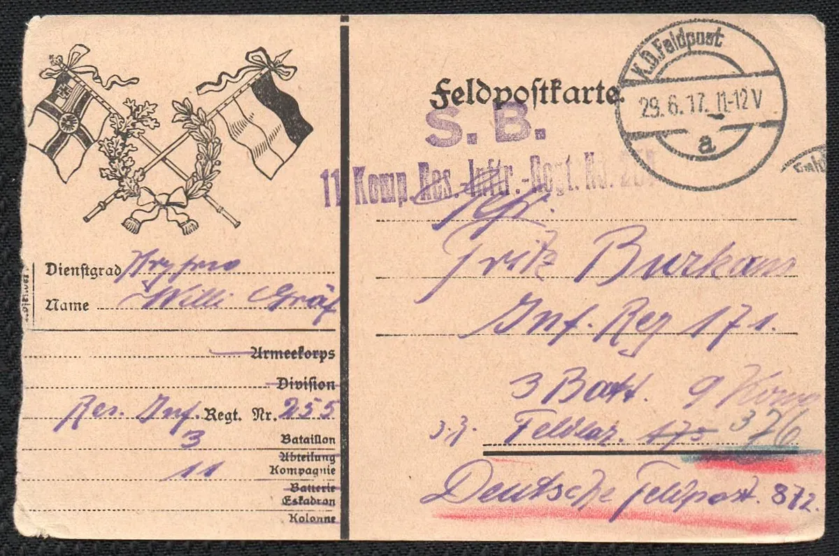 Feldpostkarte von 1917 mit Poststempel und Wappenmotiv