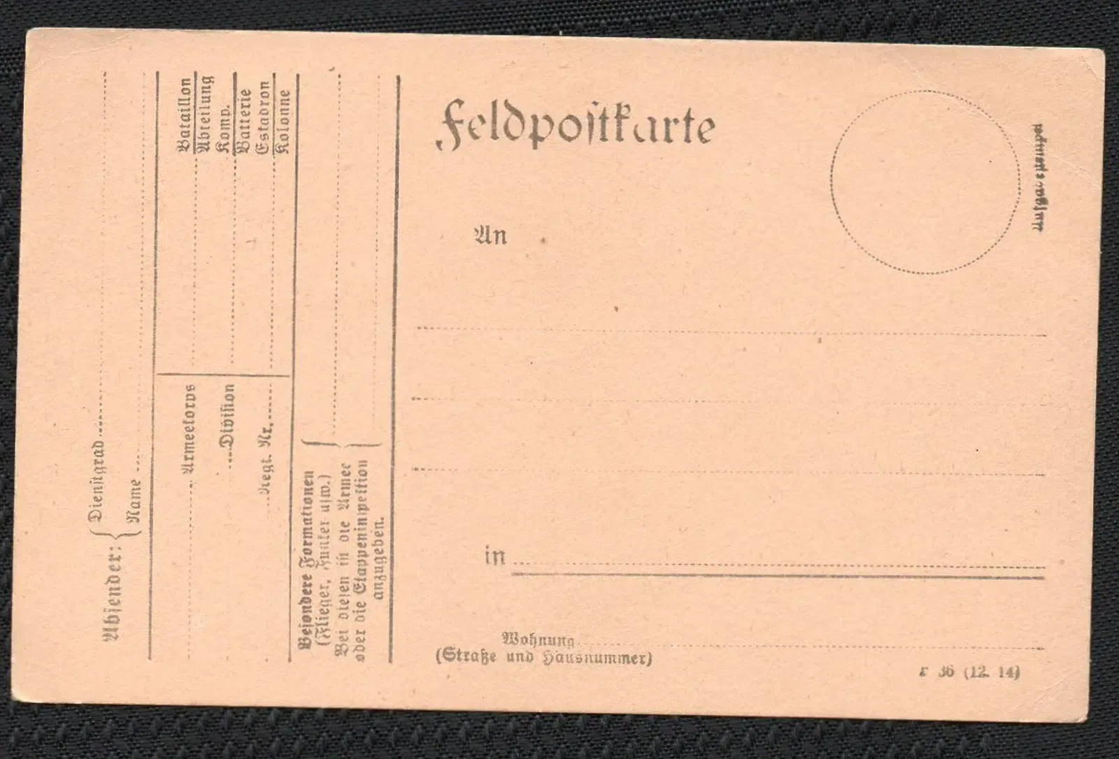 Feldpostkarte Unbeschrieben 1915 Rückseite