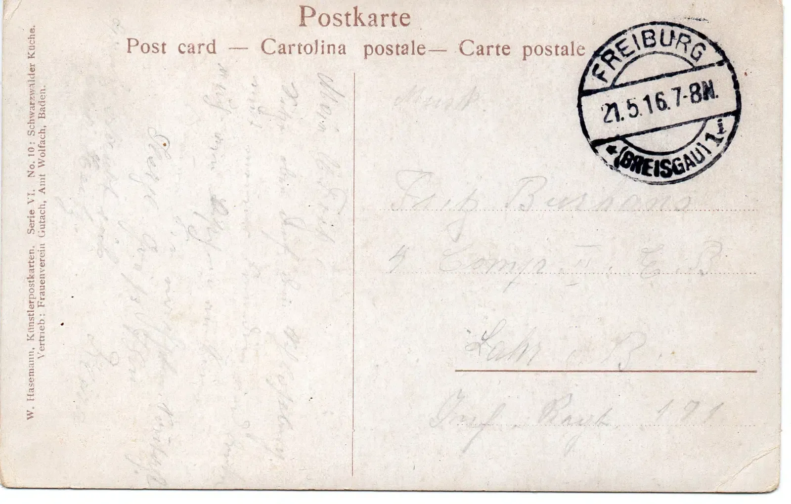 Postkarte Frau am Kamin 1914 Rückseite