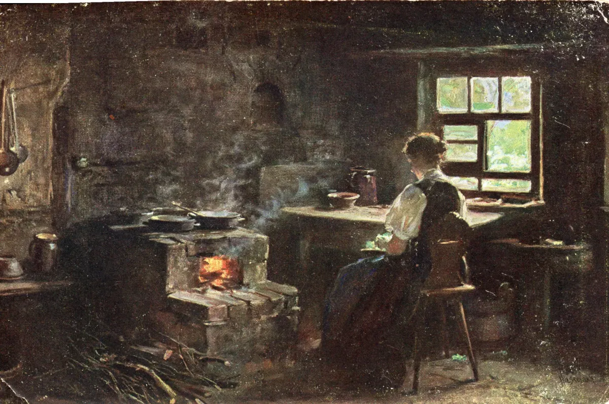 Postkarte 1916  Frau sitzt vor offenem Kamin.