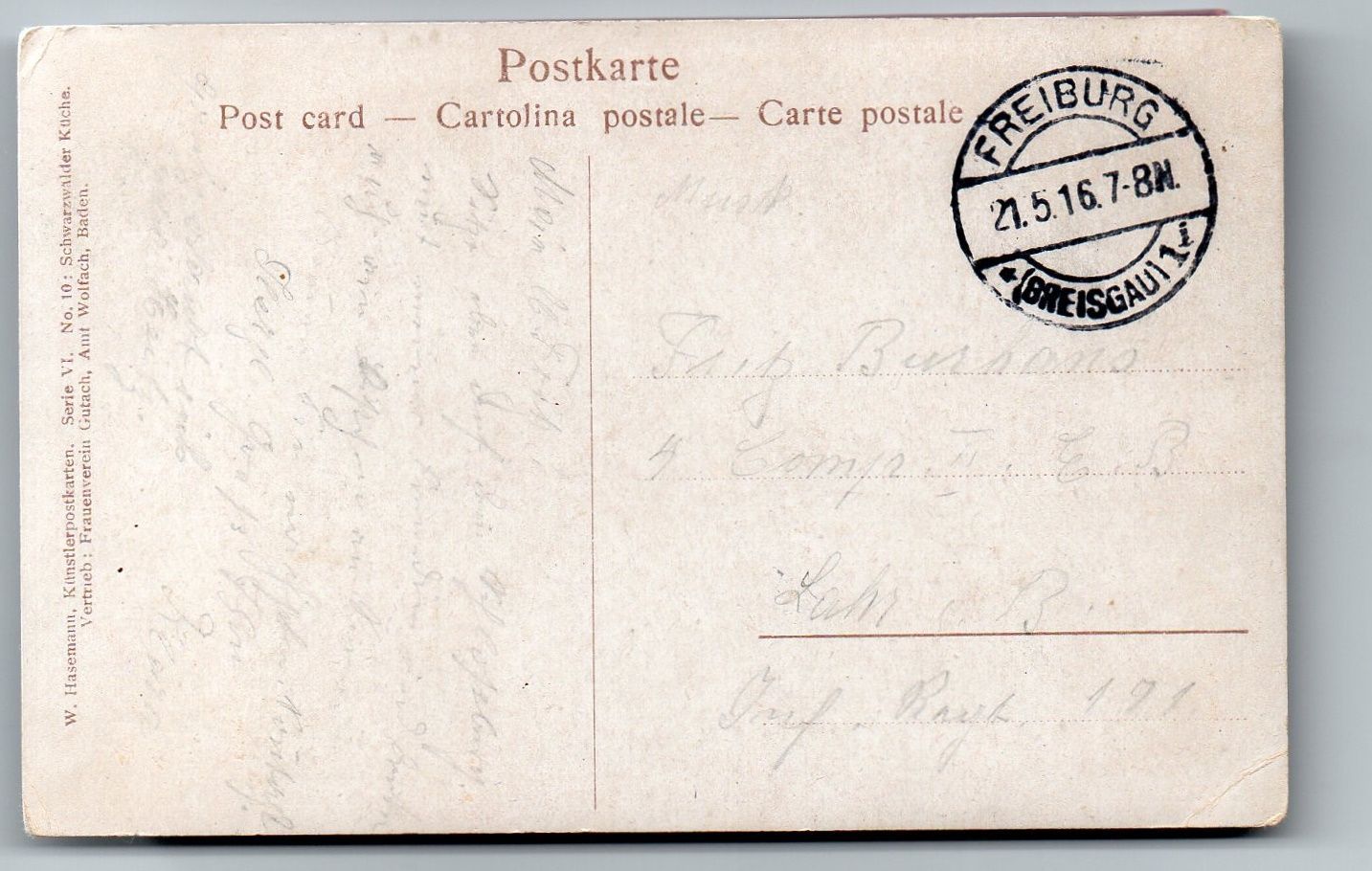 Postkarte 1916 W. Hasemann Künstlerpostkarte. Serie Vi. No. 10 Schwarzwälder Küche Rückseite