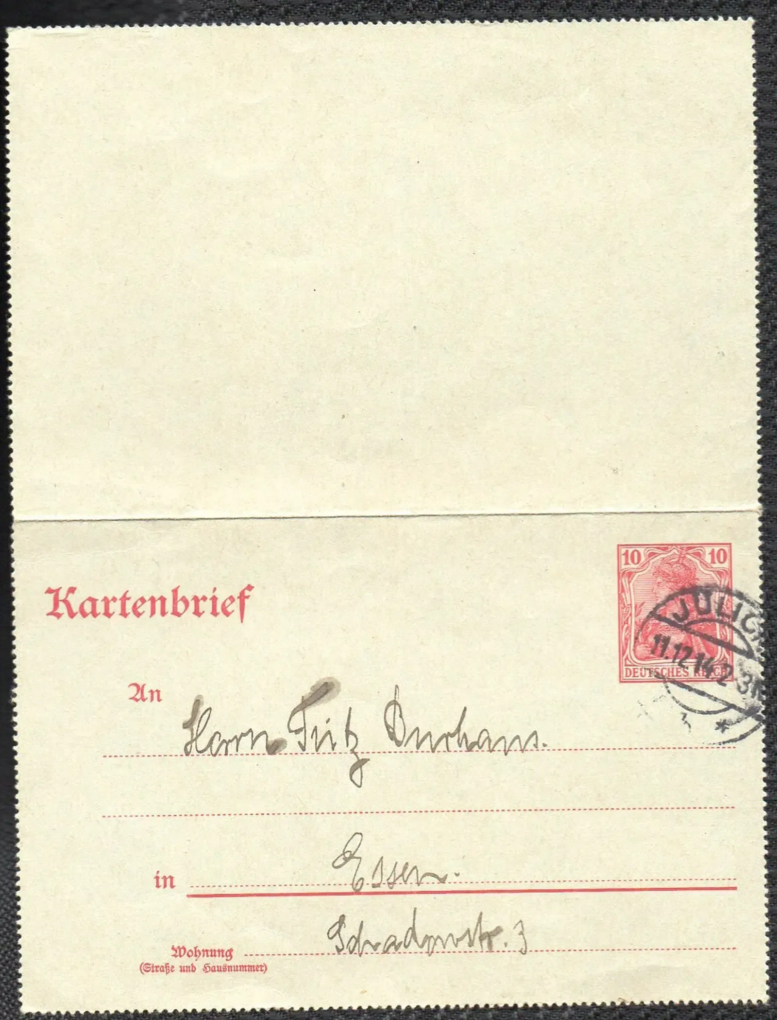 Vorderseite eines historischen Kartenbriefs vom 11. Dezember 1914 mit Briefmarke und handschriftlicher Adresse
