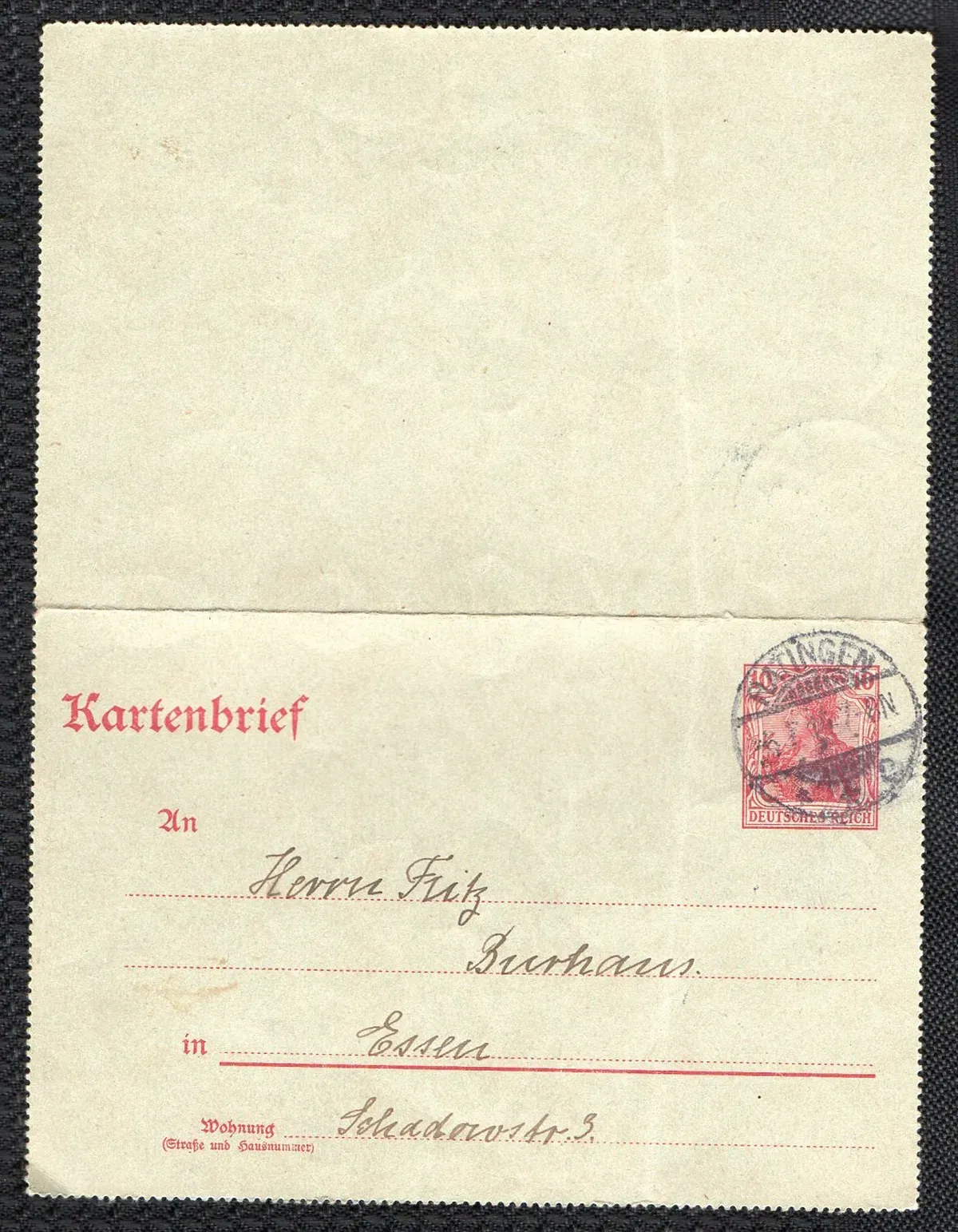 Kartenbrief mit Poststempel Ratingen und fester Briefmarke, 1914–1915