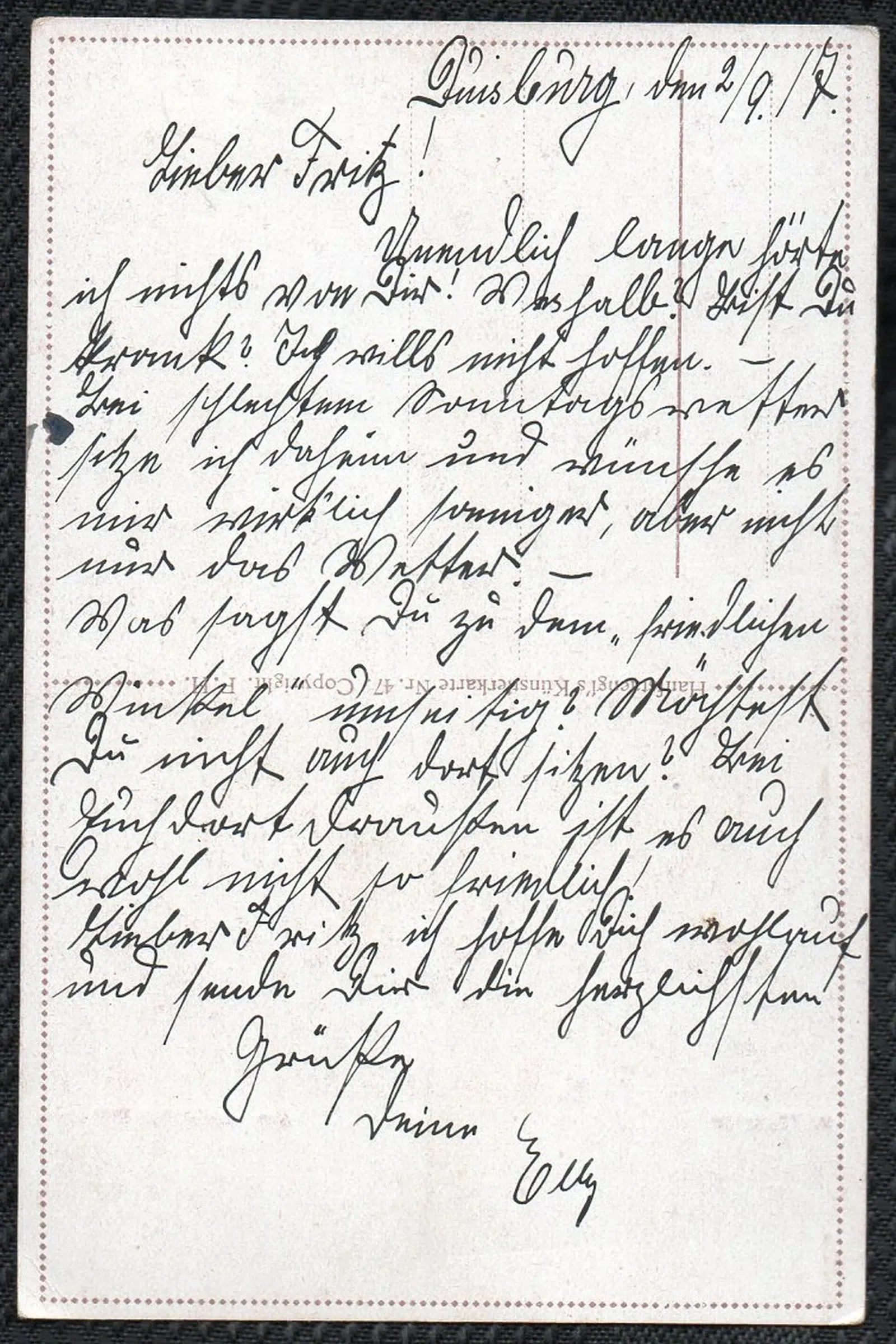 Postkarte 2.9.1917 W. Menzler Ein Friedlicher Winkel Rückseite