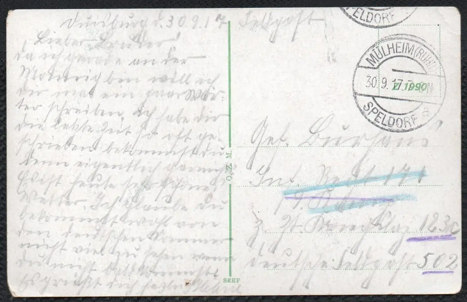 Postkarte 30.9.1917 Duisburg Kaiser Wilhelm Denkmal und Wasserturm  Rückseite 
