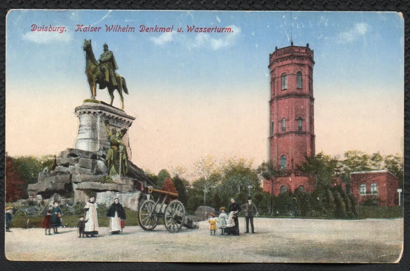 Postkarte 30.9.1917 Duisburg Kaiser Wilhelm Denkmal und Wasserturm  