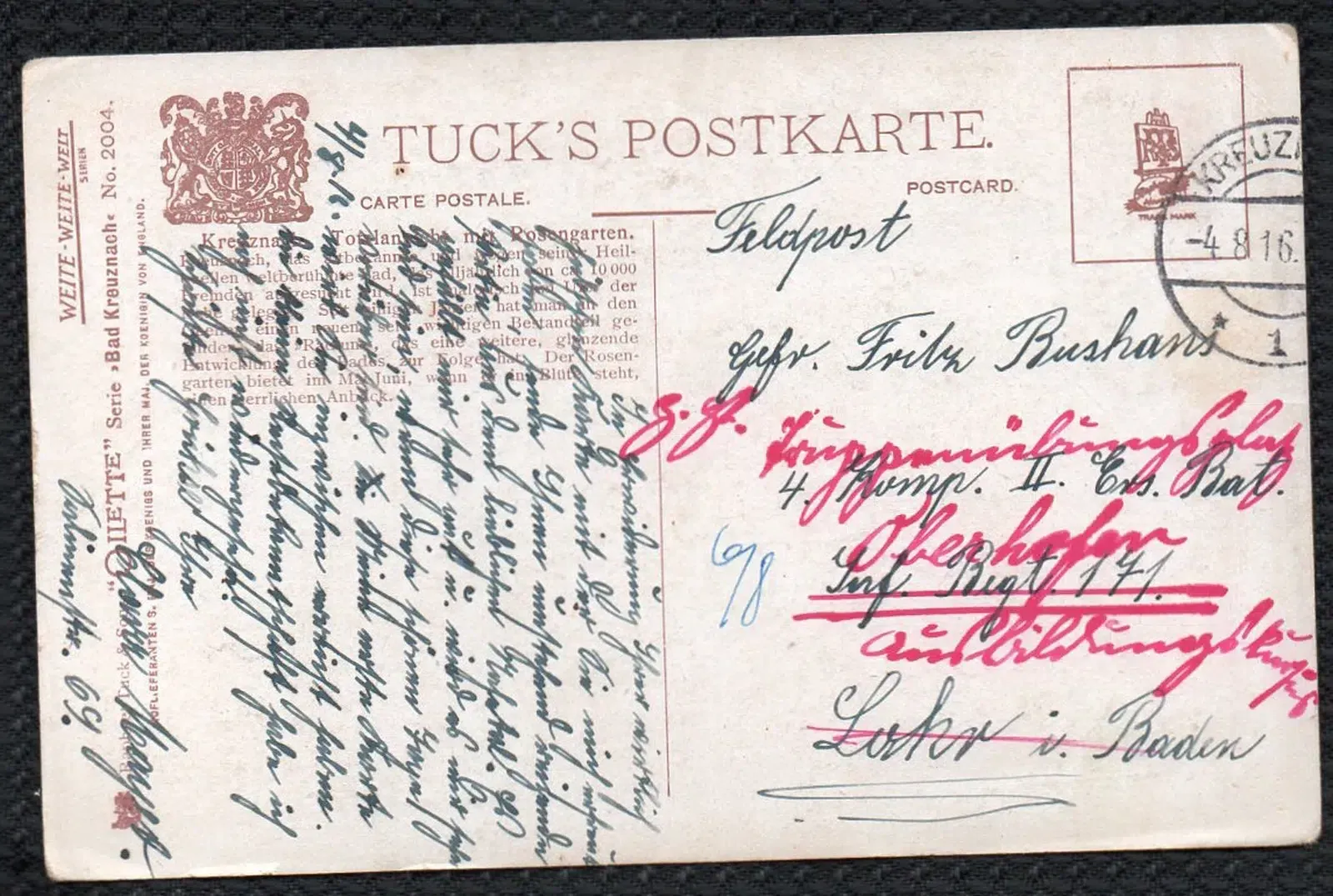 Postkarte 4.8.1915 Kreuznach Totalansicht mit Rosengarten Rückseite