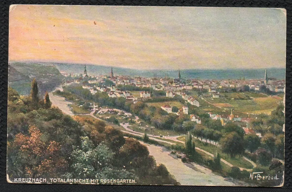Postkarte 1916 Bad Kreuznach Rosengarten Gesamtansicht.