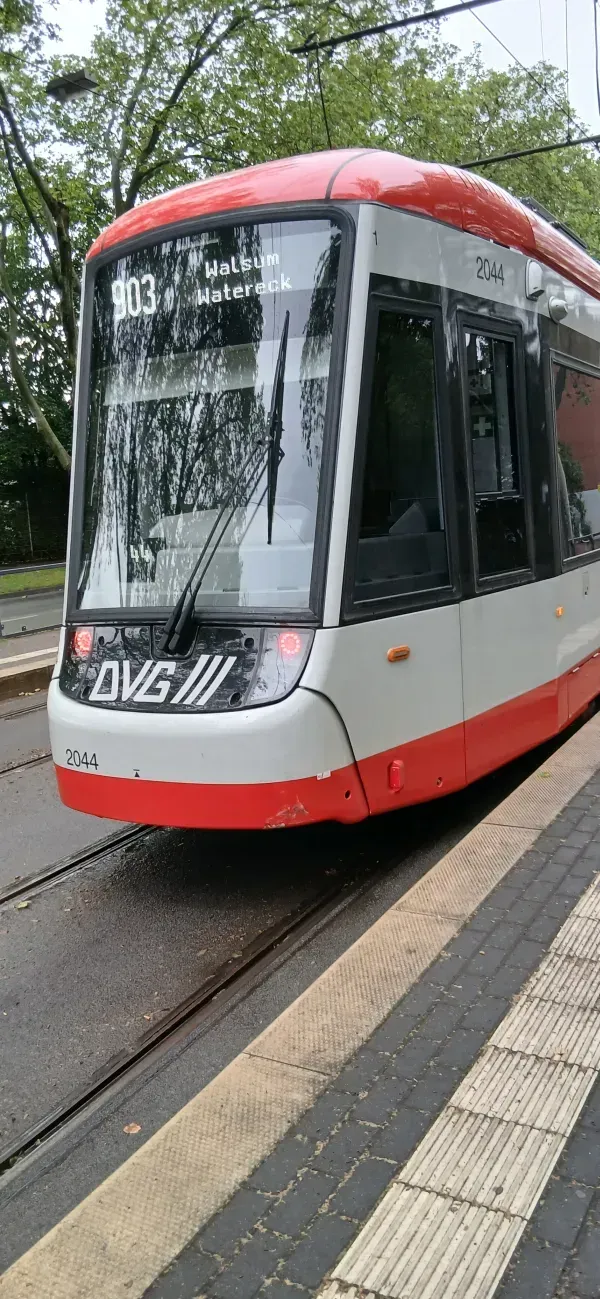 DVG Straßenbahn am fahren rot-weiß-Farbe