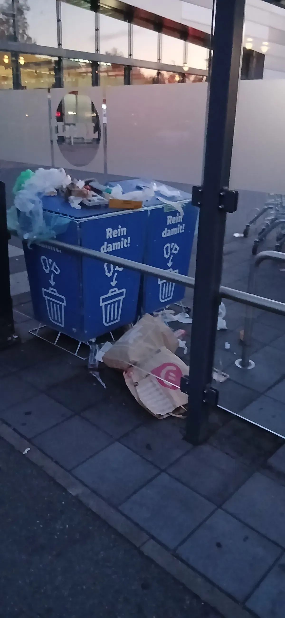 Überfüllte Mülleimer vor dem Lidl