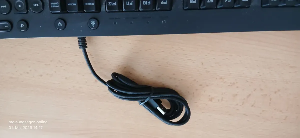 USB-Kabel der Logitech G213 Tastatur aufgewickelt Detailansicht
