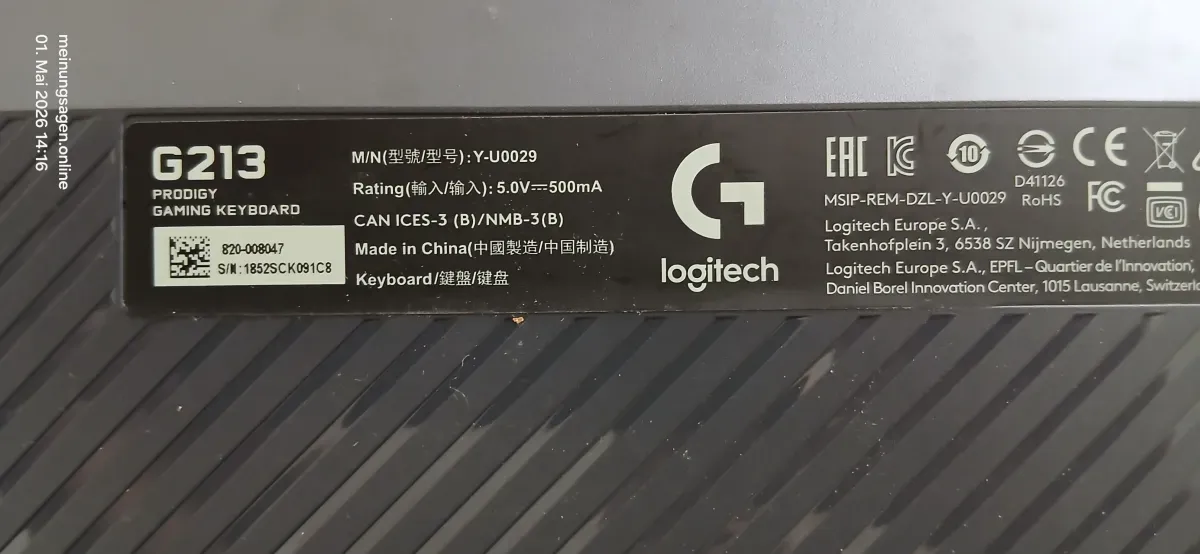 Typenschild Logitech G213 Prodigy Gaming Keyboard Modellinformationen