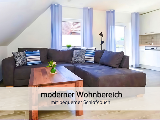 Wohnzimmer der FeWo Robbe 2 in Bensersiel mit Blick auf das gemütliche Schlafsofa. Im Vordergrund ist ein Couchtisch mit frischen Blumen