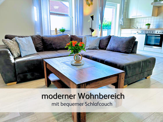 Wohnzimmer der FeWo Robbe 2 in Bensersiel mit Blick auf das gemütliche Schlafsofa. Im Vordergrund ist ein Couchtisch mit frischen Blumen