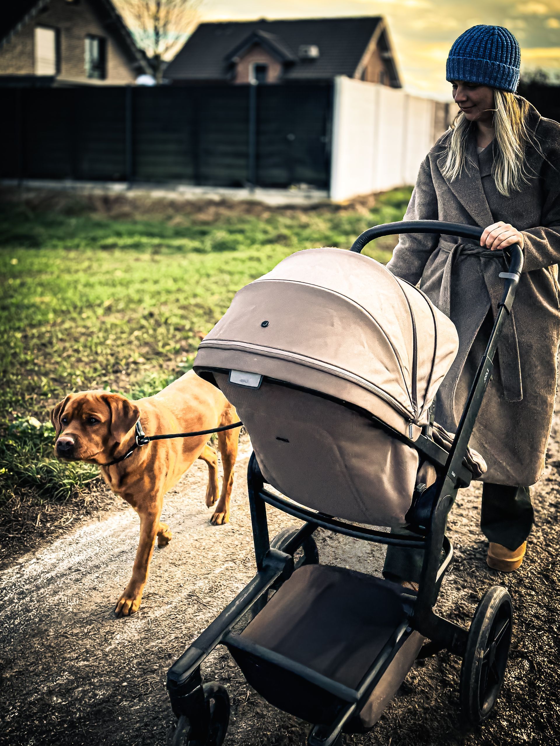 Frau, die mit einem Kinderwagen und einem Hund auf einem Weg spaziert, trägt Mantel und Hut.