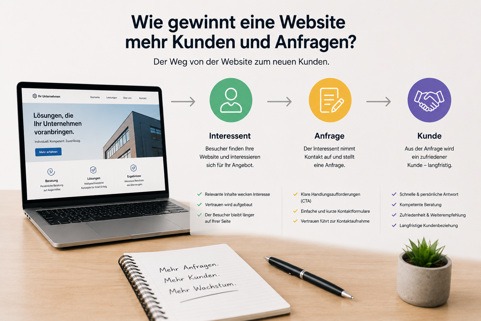 Wie eine Website Besucher zu Interessenten, Anfragen und neuen Kunden führt