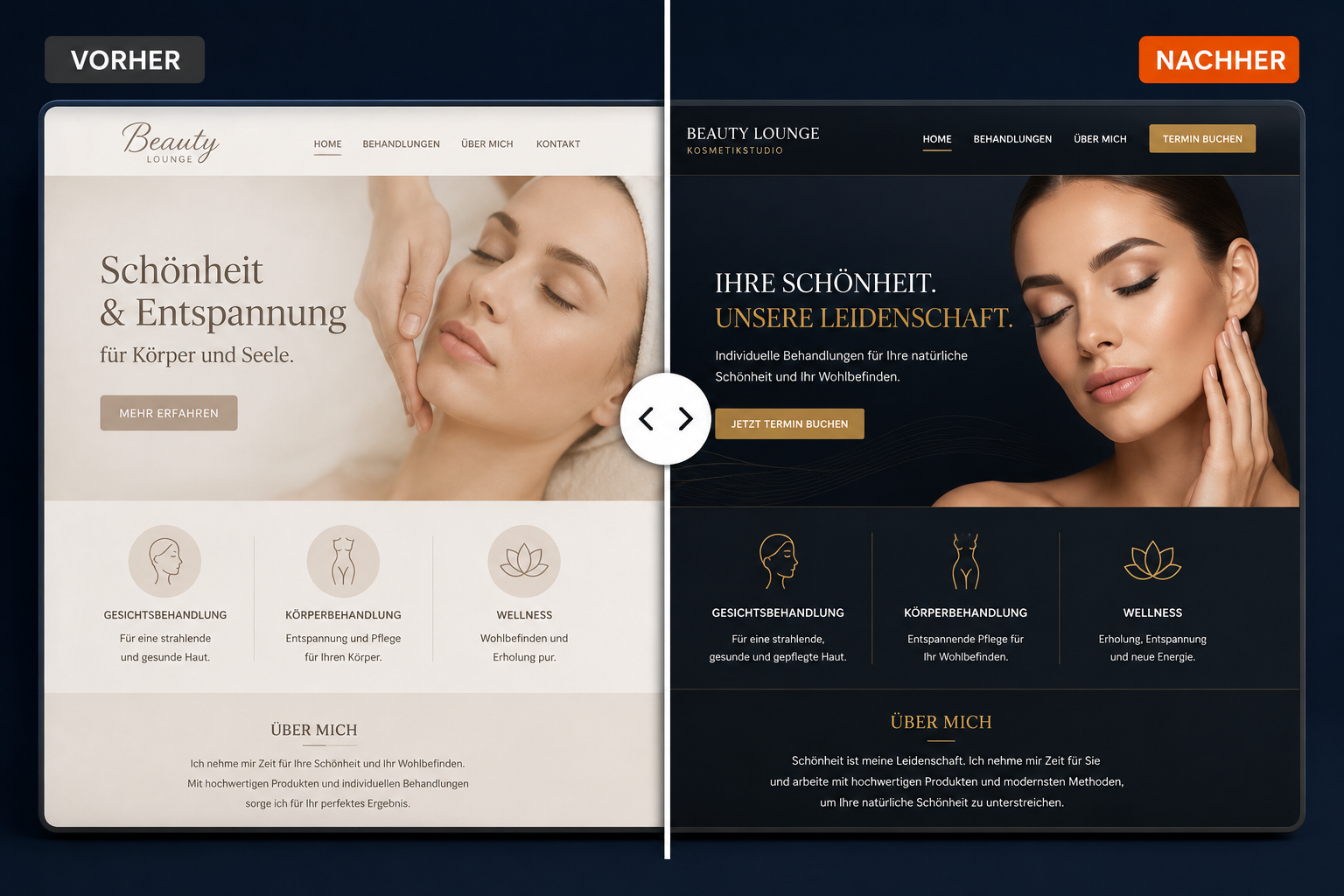 Vorher-Nachher-Vergleich eines Website-Relaunchs im OnePage99 Ratgeber