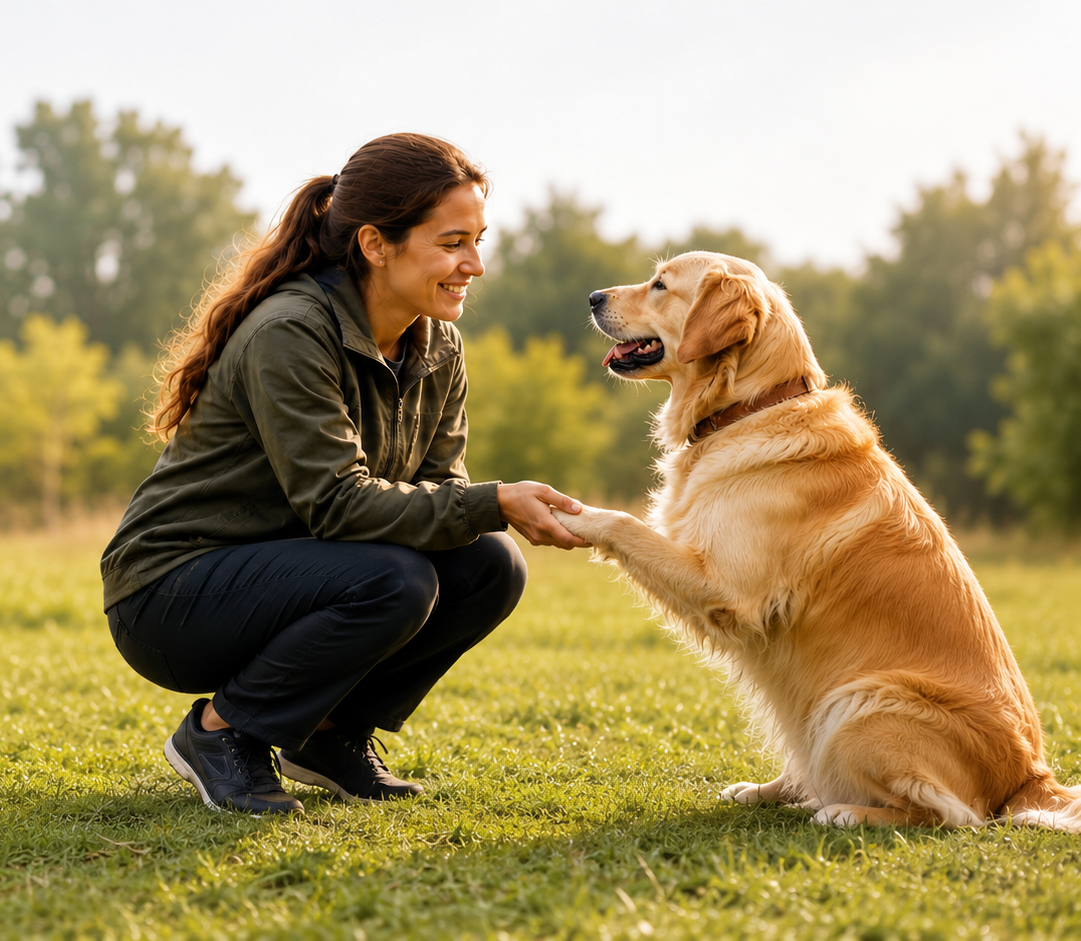 Hundetrainerin beim vertrauensvollen Training mit einem Golden Retriever