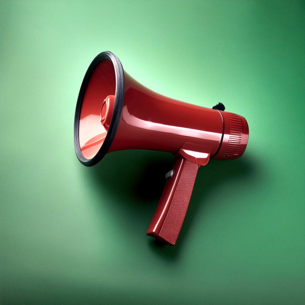 Angebote: Ein rotes Megaphon auf grünem Hintergrund.