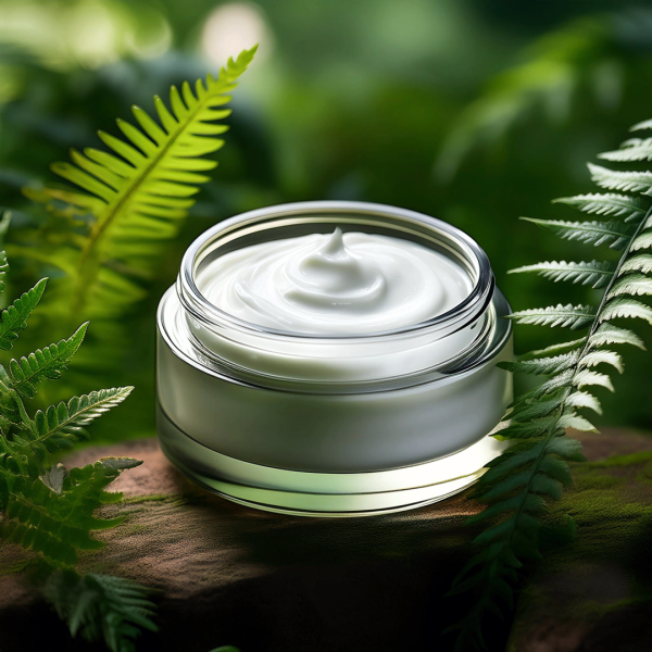 Beauty und Wellness Produkte: Eine weiße Creme in einem weißen Tiegel, auf Holz stehend, mit grünem Farn im Hintergrund.