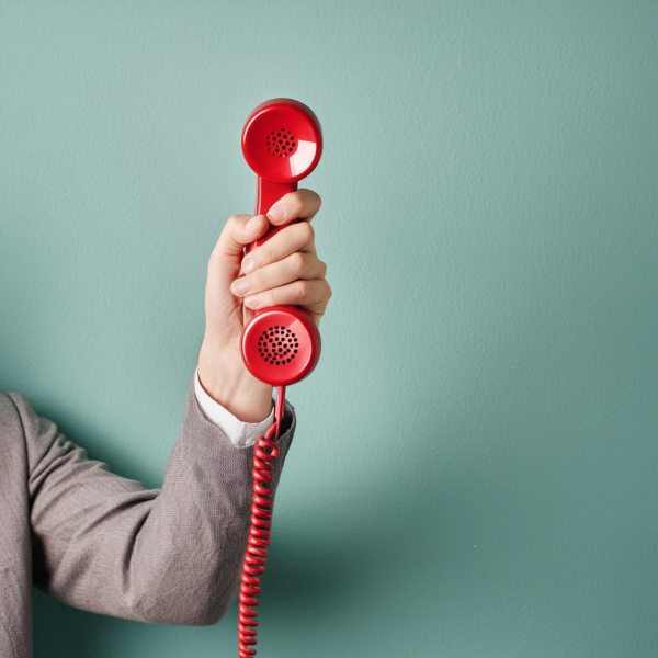 Eine Person hält einen roten Telefonhörer in der Hand, um damit anzurufen.